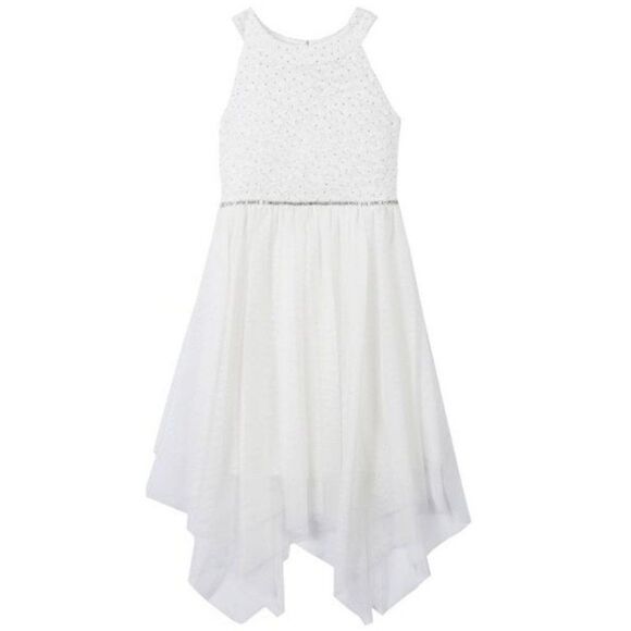 Girls' White Dress Sz 5 Rhinestone Trimmed Glitter Lace Bodice Formal Pagent NWO - Picture 1 of 8